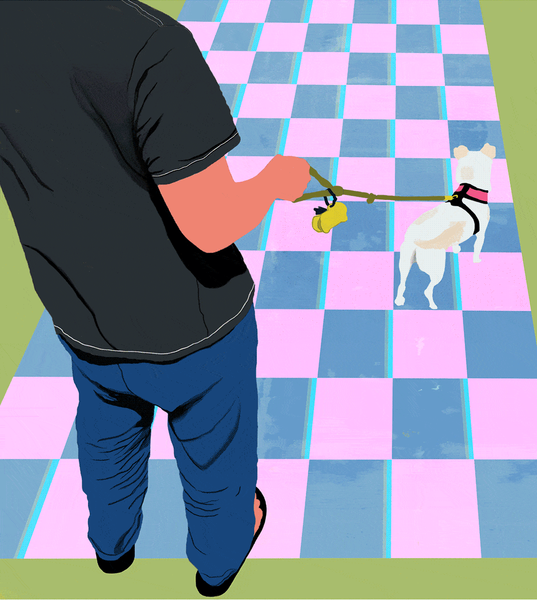 gif image of a man walking a dog