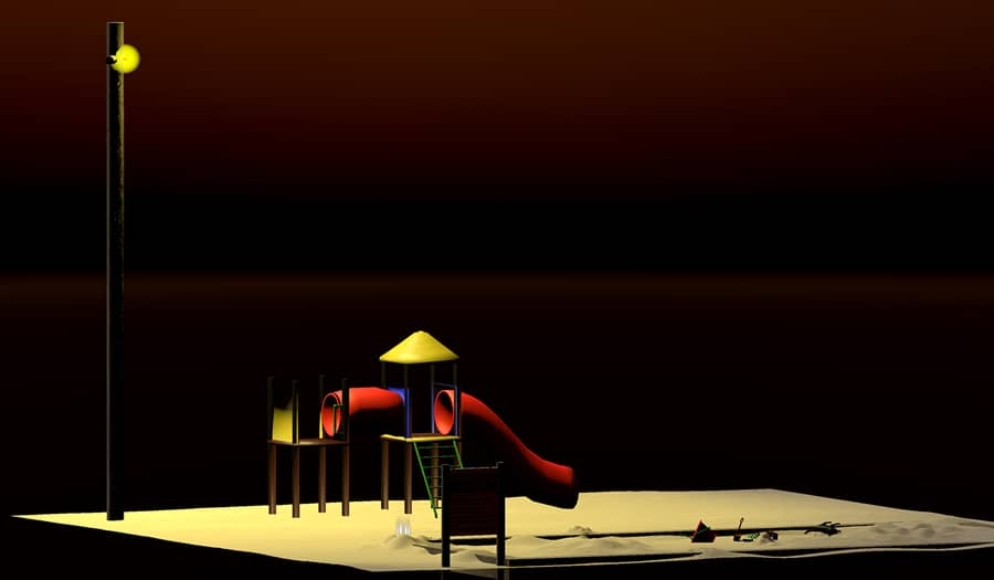 Image of a playground scene at night with playground slides, sandbox, and a light pole